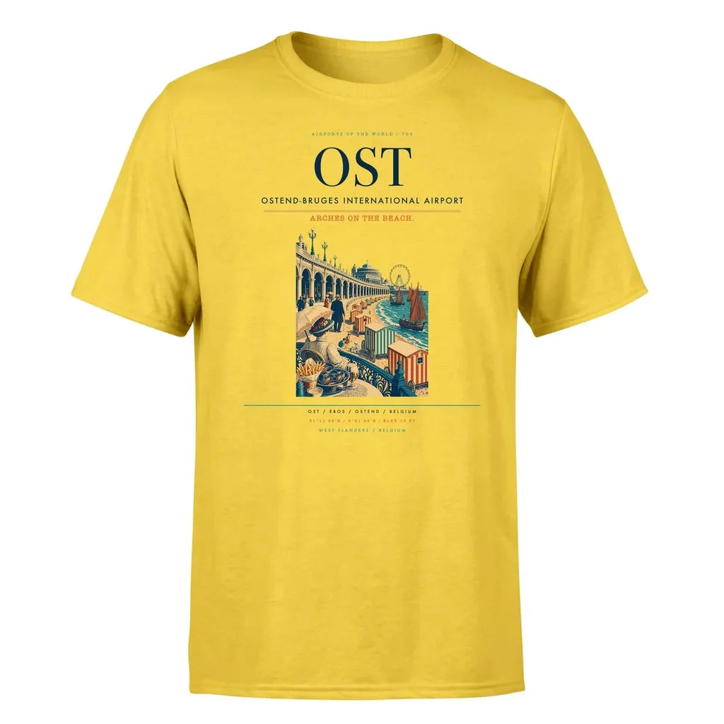 Ostend-Bruges International Airport (OST) T-Shirt single-side front print in Yellow | ostend-bruges-international-airport-ost-double-side-t-shirt