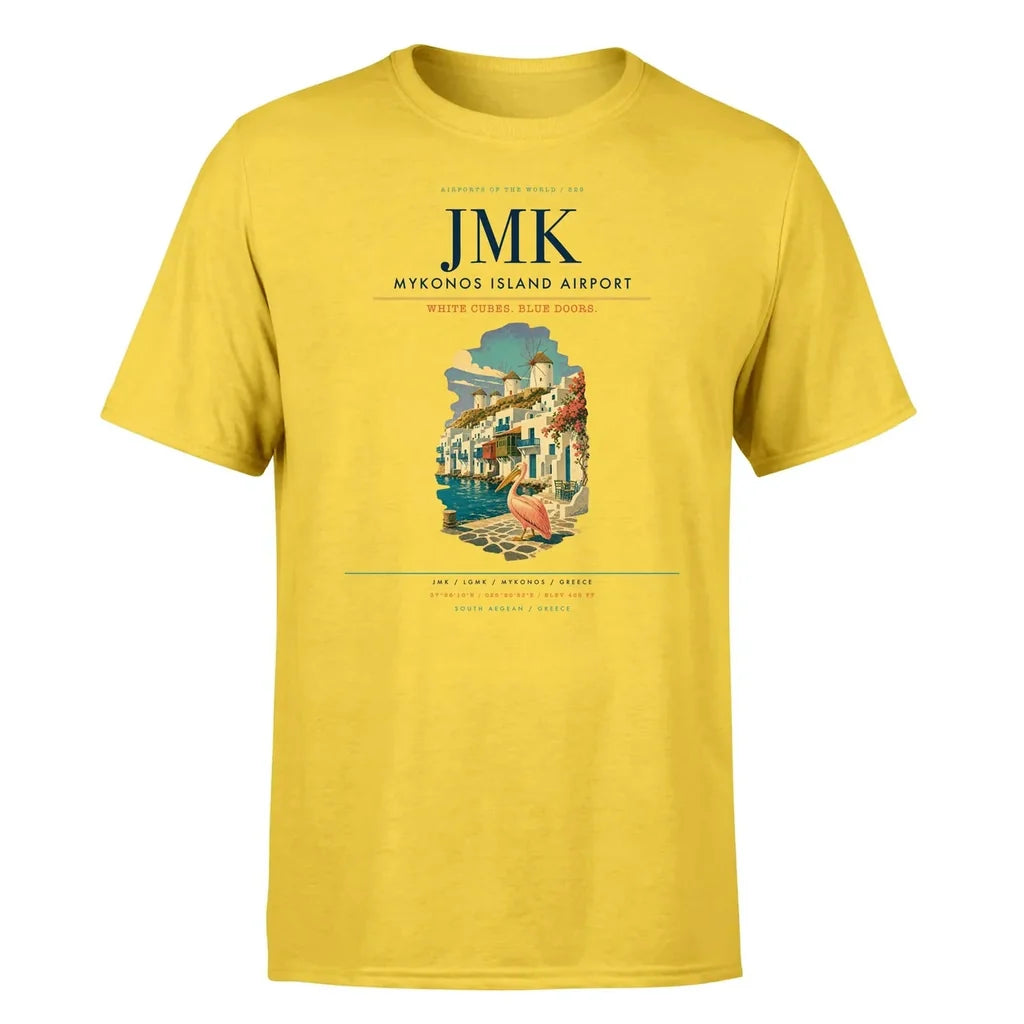 Mykonos Island Airport (JMK) T-Shirt single-side front print in Yellow | mykonos-island-airport-jmk-double-side-t-shirt