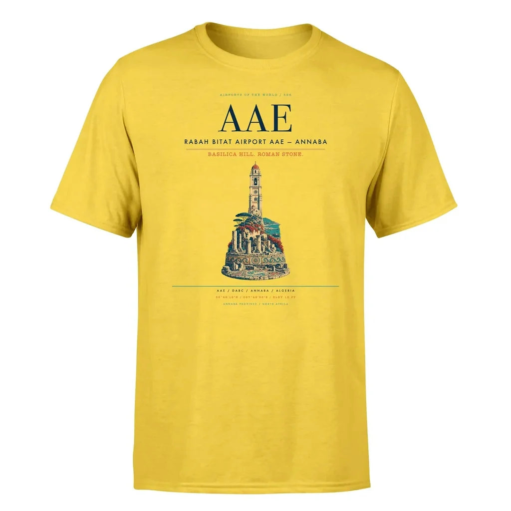 Rabah Bitat Airport (AAE) T-Shirt single-side front print in Yellow | rabah-bitat-airport-aae-double-side-t-shirt
