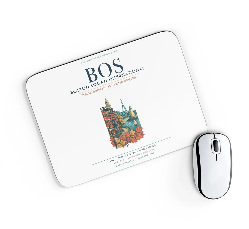 Boston Logan International Airport (BOS) design on white rectangle mouse pad