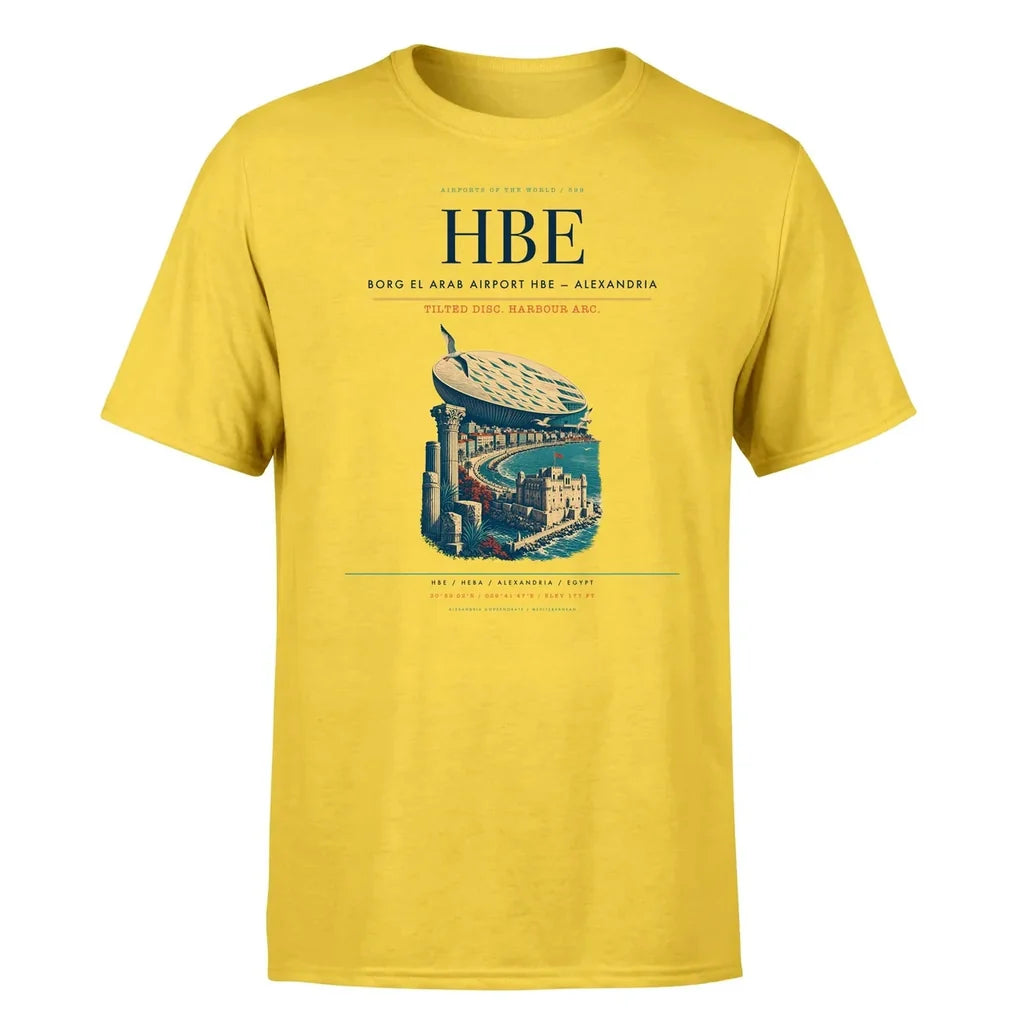 Borg El Arab Airport (HBE) T-Shirt single-side front print in Yellow | borg-el-arab-airport-hbe-double-side-t-shirt