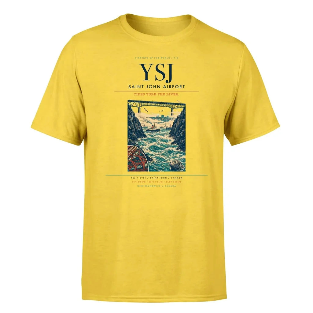 Saint John Airport (YSJ) T-Shirt single-side front print in Yellow | saint-john-airport-ysj-double-side-t-shirt