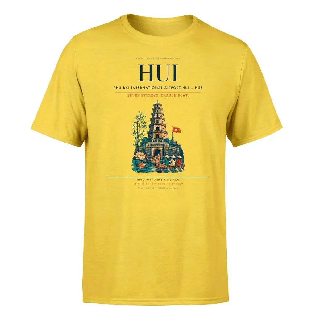 Phu Bai International Airport (HUI) T-Shirt single-side front print in Yellow | phu-bai-international-airport-hui-double-side-t-shirt