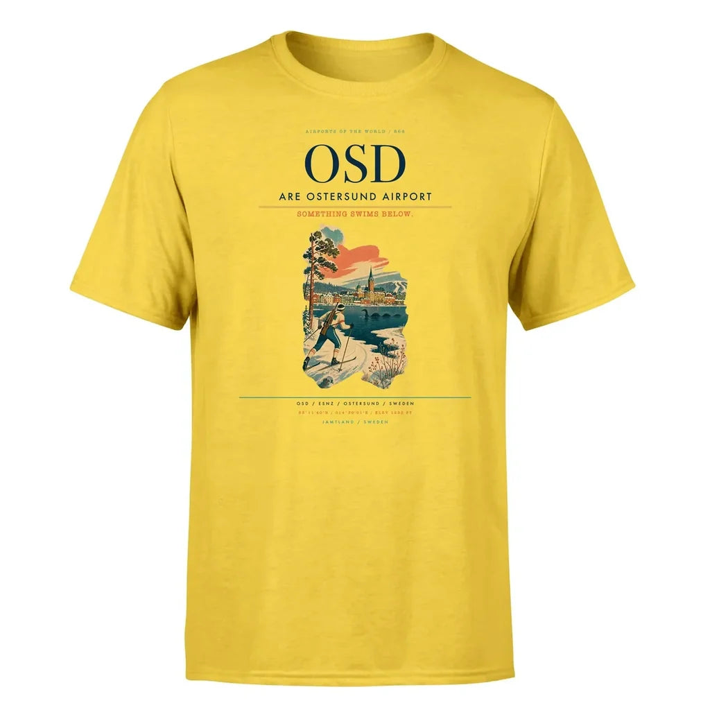 Are Ostersund Airport (OSD) T-Shirt single-side front print in Yellow | are-ostersund-airport-osd-double-side-t-shirt
