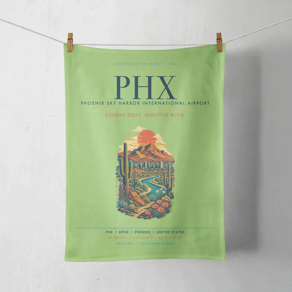 Phoenix Sky Harbor International Airport (PHX) design on light green towel