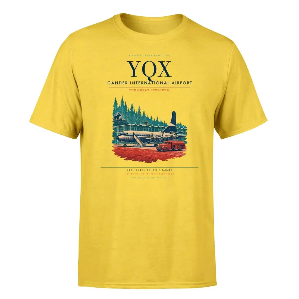 Gander International Airport (YQX) T-Shirt single-side front print in Yellow | gander-international-airport-yqx-double-side-t-shirt