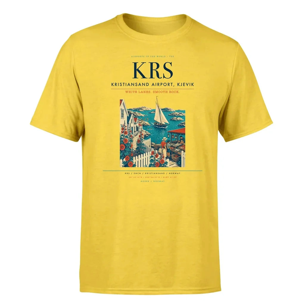 Kristiansand Airport, Kjevik (KRS) T-Shirt single-side front print in Yellow | kristiansand-airport-kjevik-krs-double-side-t-shirt