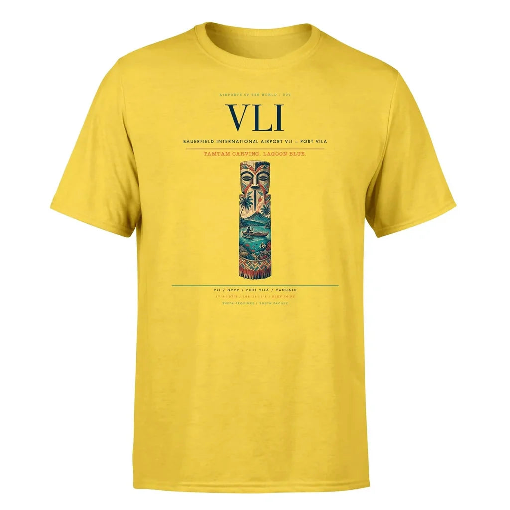 Bauerfield International Airport (VLI) T-Shirt single-side front print in Yellow | bauerfield-international-airport-vli-double-side-t-shirt