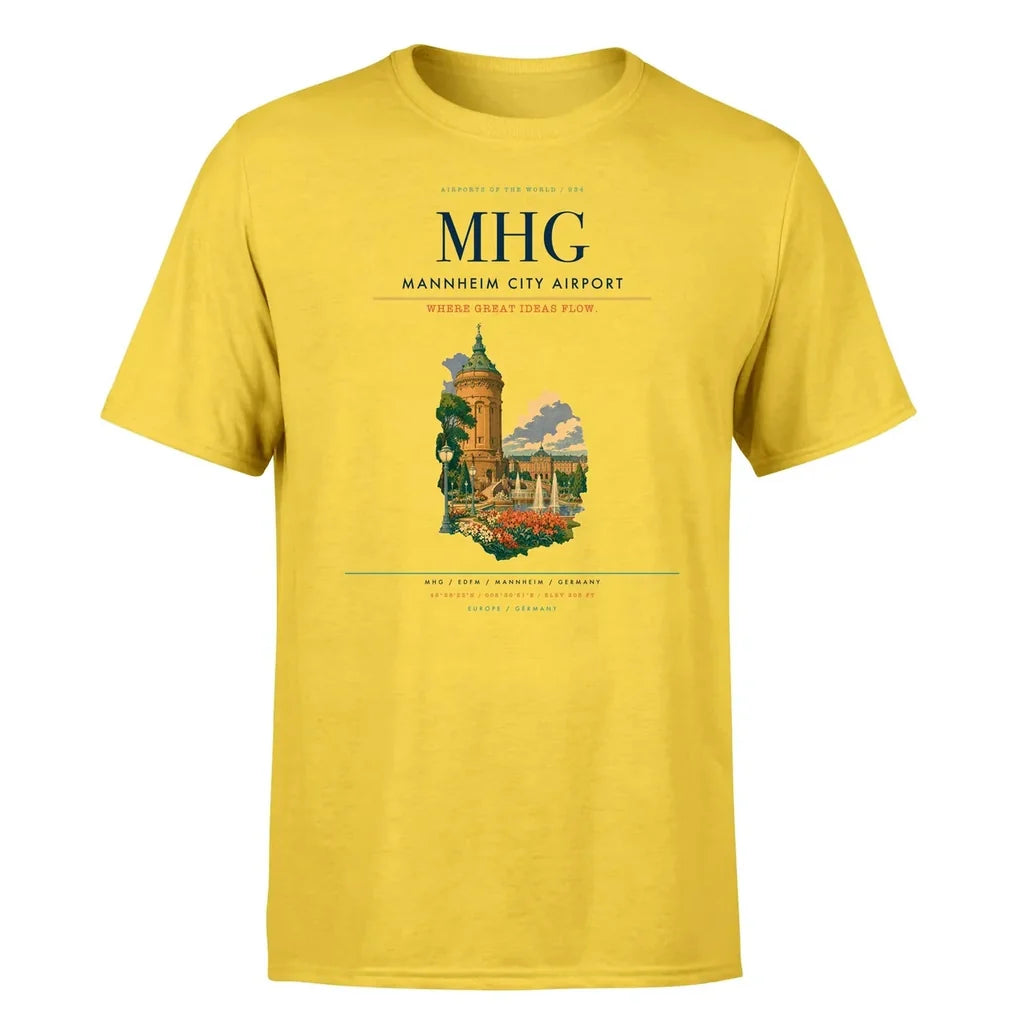 Mannheim City Airport (MHG) T-Shirt single-side front print in Yellow | mannheim-city-airport-mhg-double-side-t-shirt