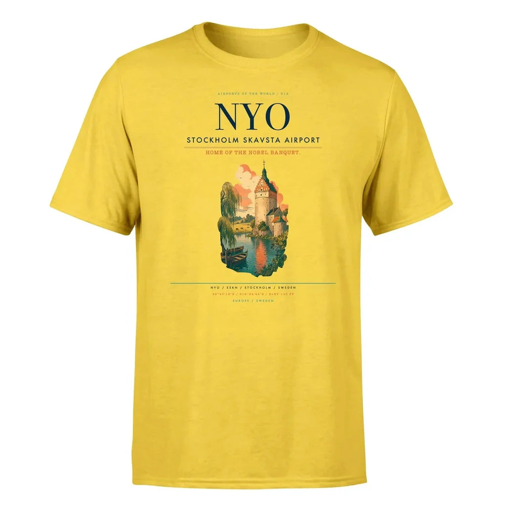 Stockholm Skavsta Airport (NYO) T-Shirt single-side front print in Yellow | stockholm-skavsta-airport-nyo-double-side-t-shirt