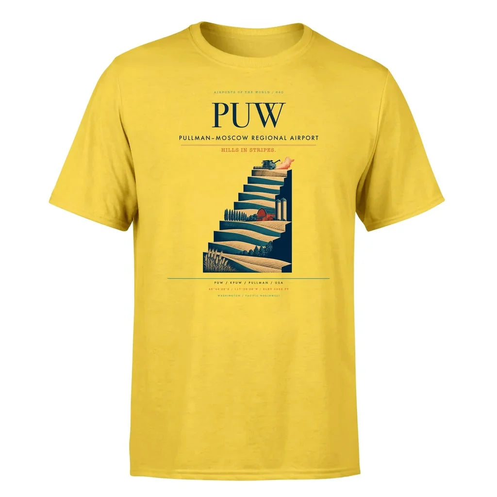 Pullman–Moscow Regional Airport (PUW) T-Shirt single-side front print in Yellow | pullmanmoscow-regional-airport-puw-double-side-t-shirt