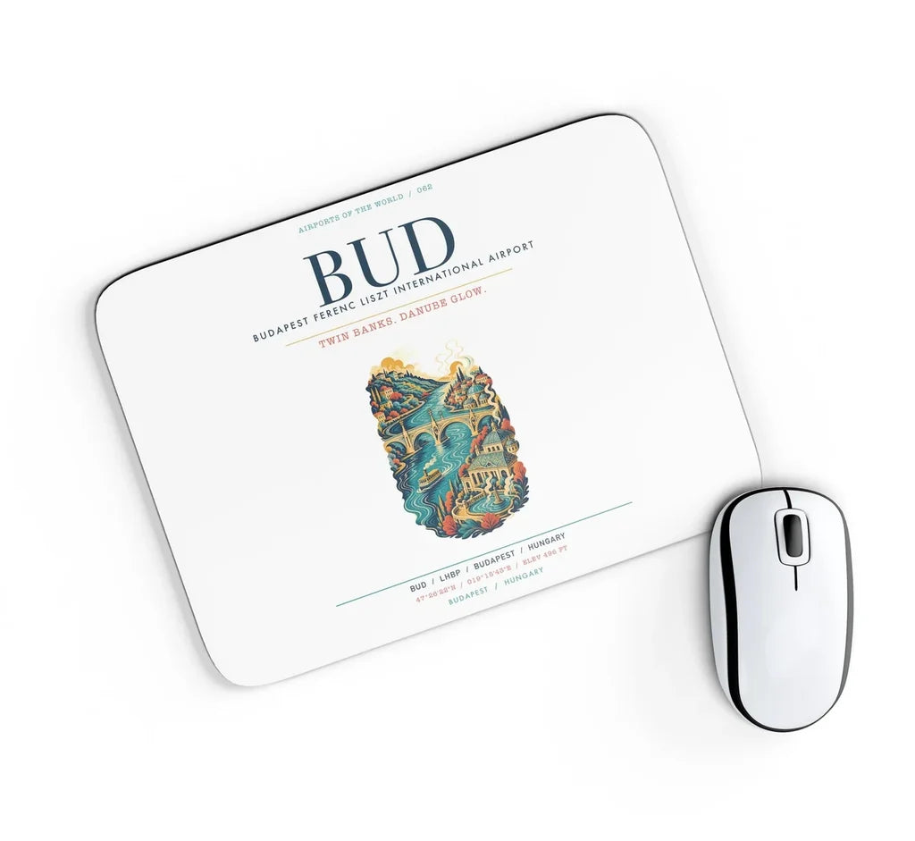 Budapest Ferenc Liszt International Airport (BUD) design on white rectangle mouse pad