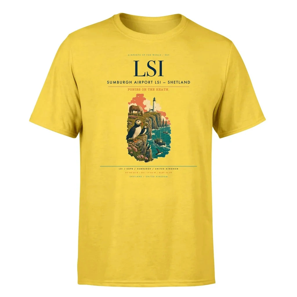 Sumburgh Airport (LSI) T-Shirt single-side front print in Yellow | sumburgh-airport-lsi-double-side-t-shirt