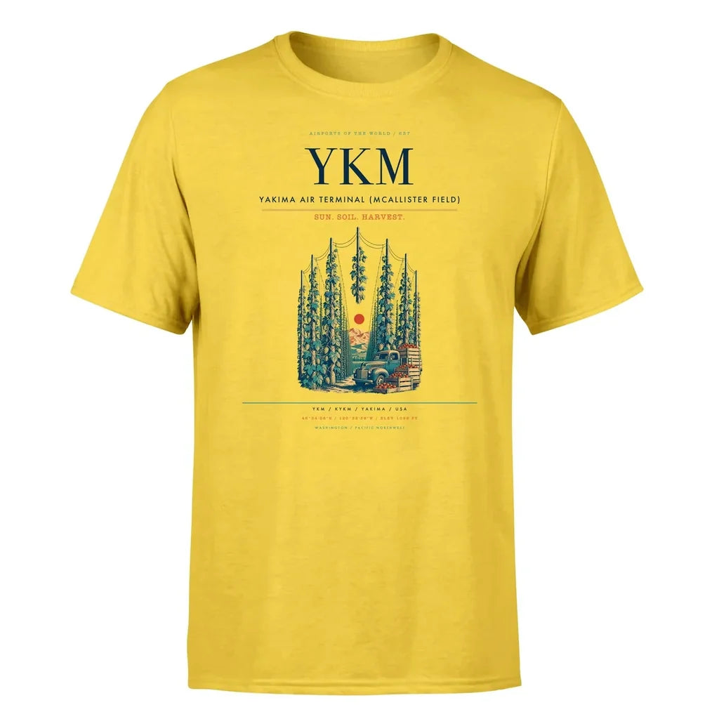Yakima Air Terminal (McAllister Field) (YKM) T-Shirt single-side front print in Yellow | yakima-air-terminal-mcallister-field-ykm-double-side-t-shirt