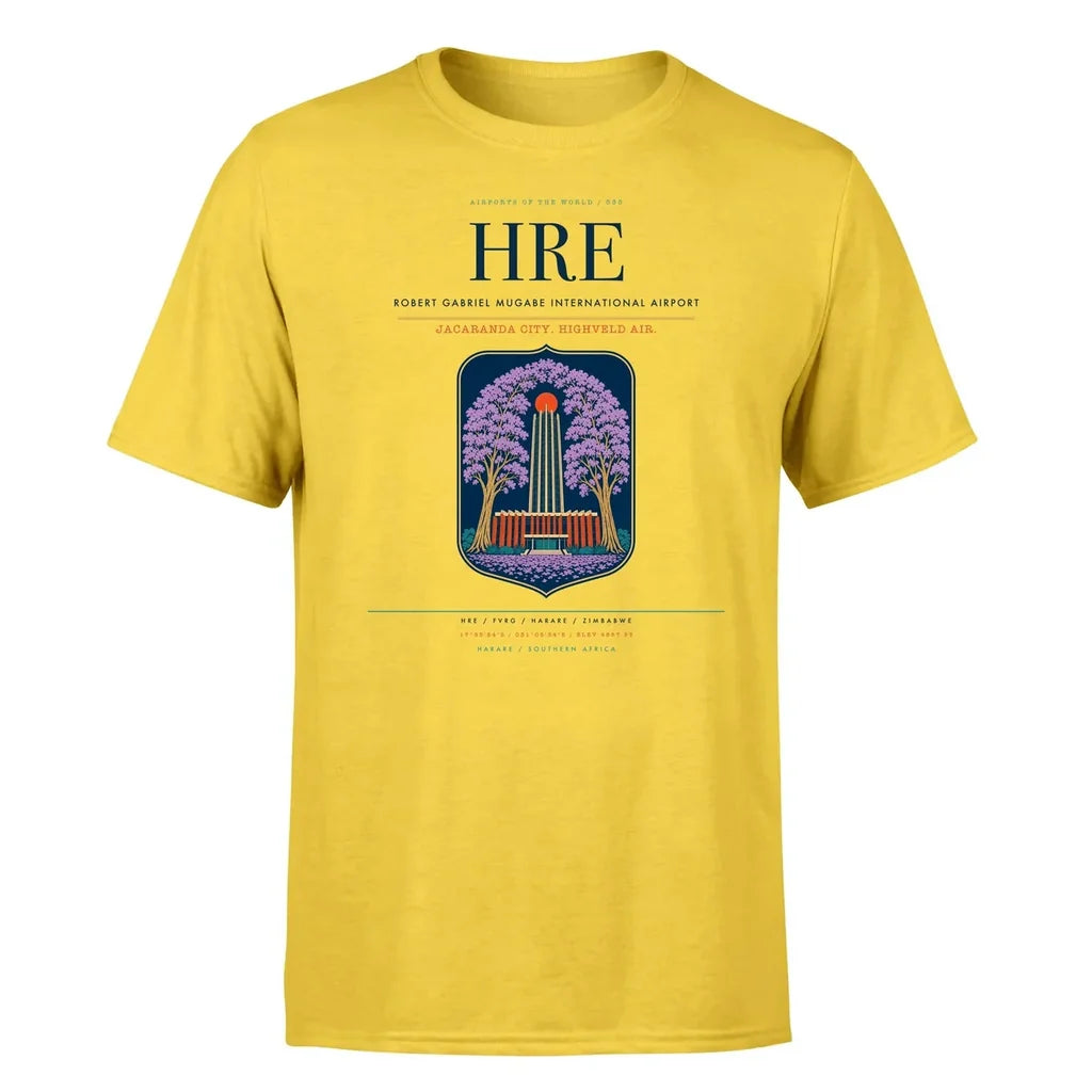 Robert Gabriel Mugabe International Airport (HRE) T-Shirt single-side front print in Yellow | robert-gabriel-mugabe-international-airport-hre-double-side-t-shirt