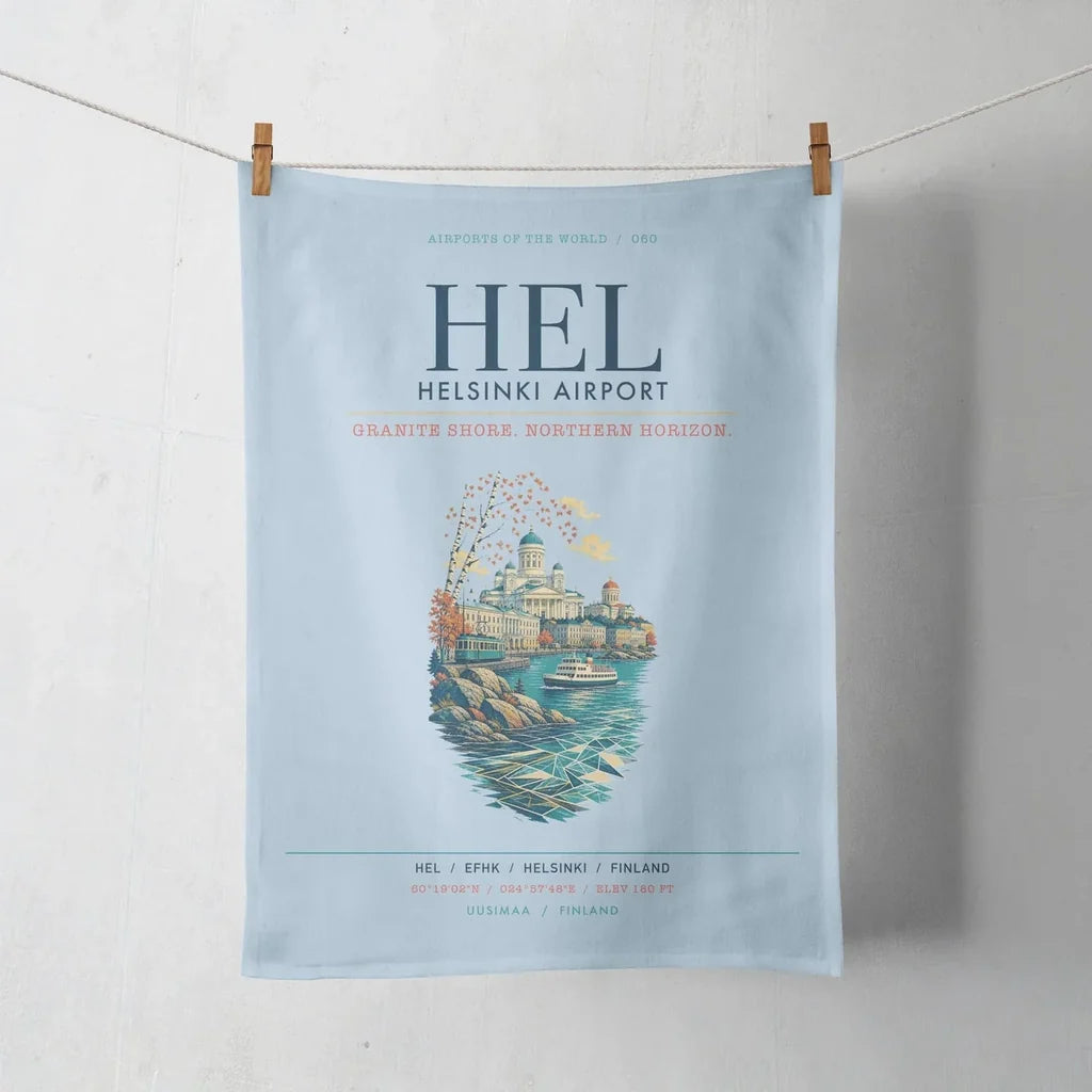 Helsinki Airport (HEL) design on light blue towel