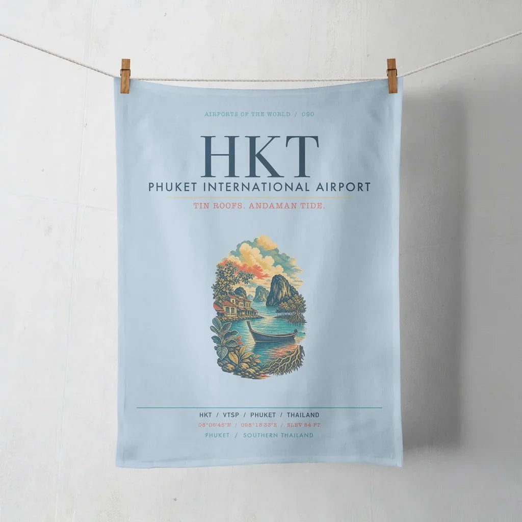 Phuket International Airport (HKT) design on light blue towel