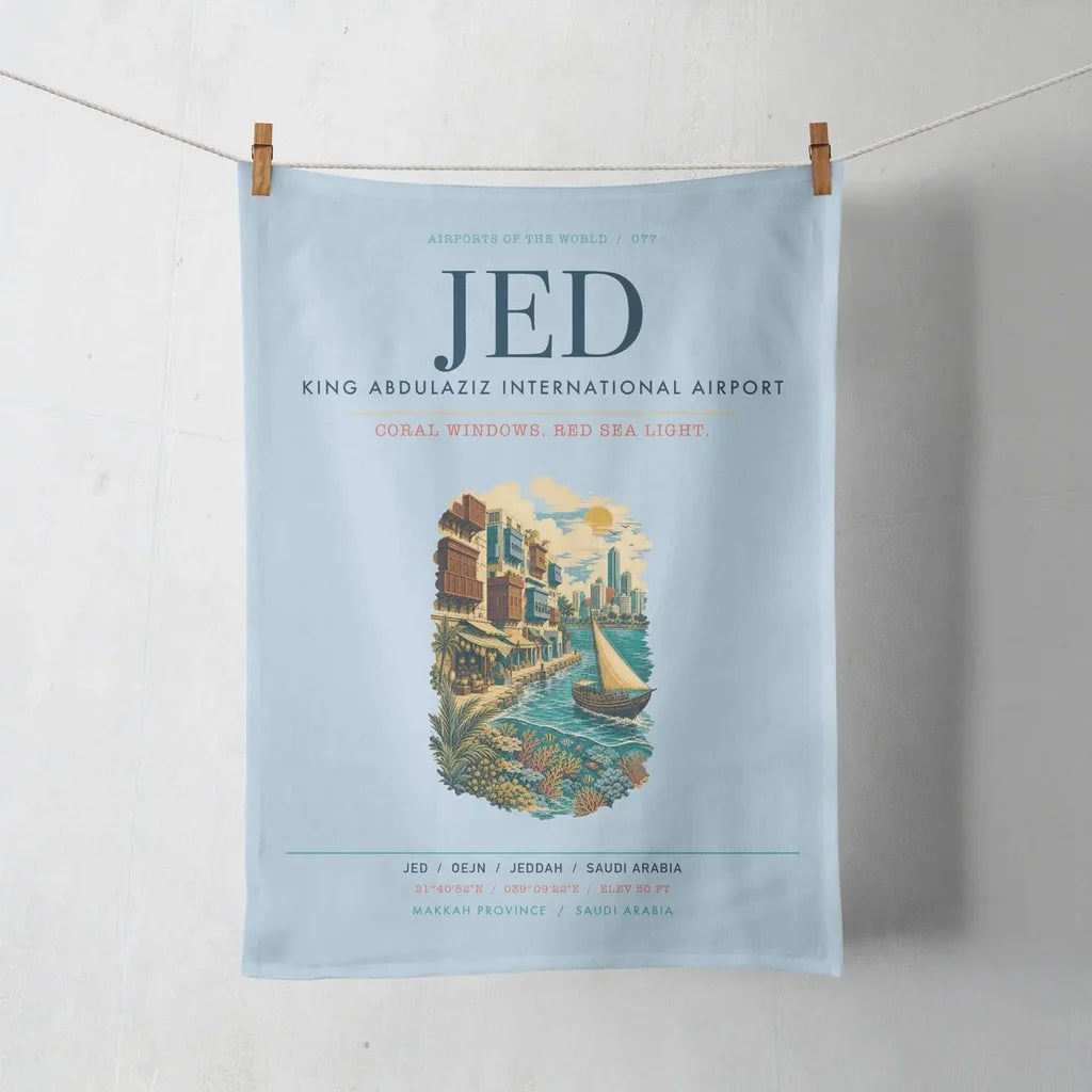 Jeddah King Abdulaziz International Airport (JED) design on light blue towel