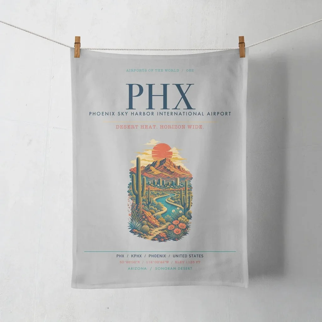 Phoenix Sky Harbor International Airport (PHX) design on light gray towel