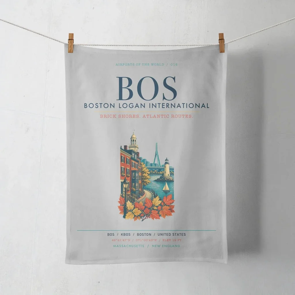 Boston Logan International Airport (BOS) design on light gray towel