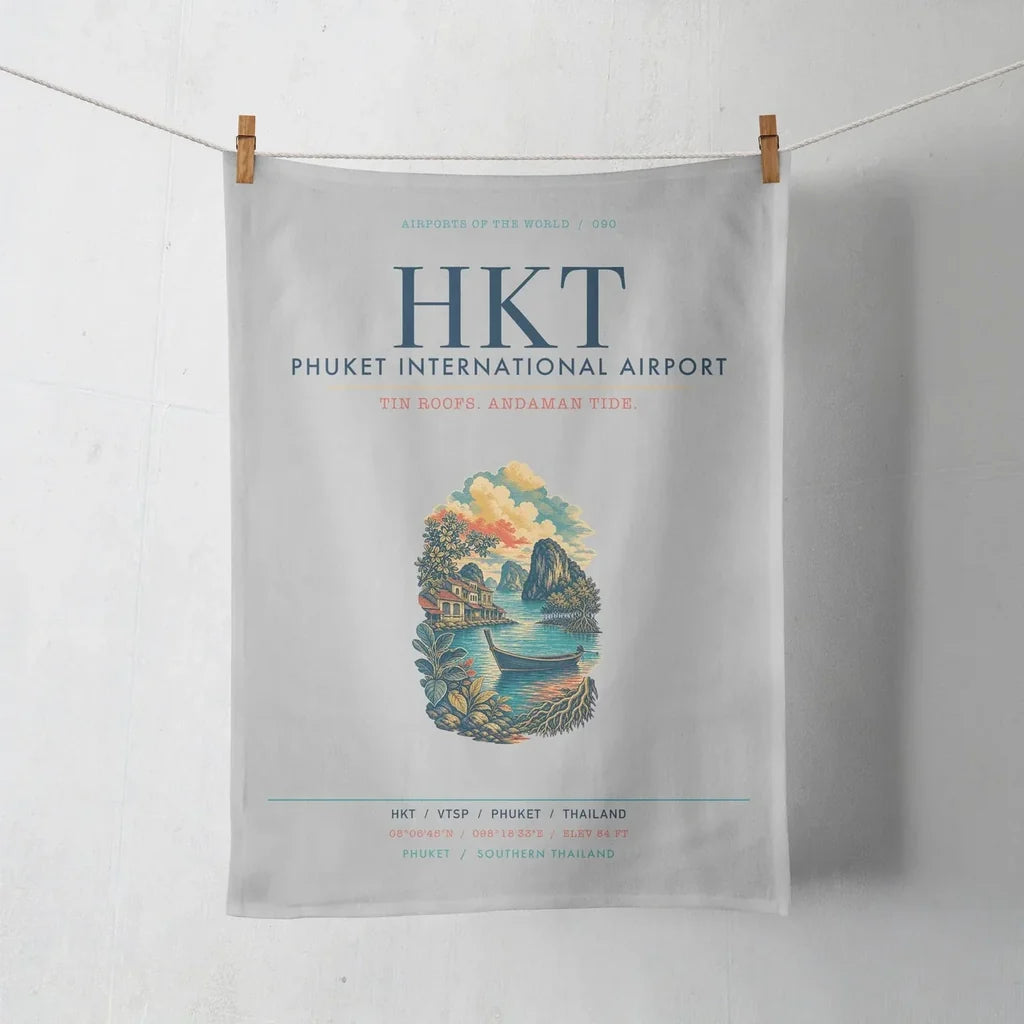 Phuket International Airport (HKT) design on light gray towel