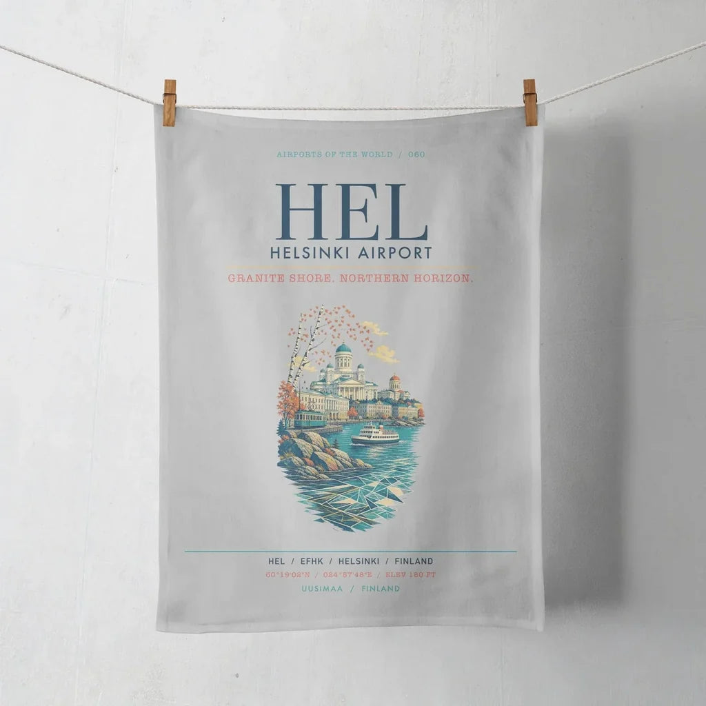 Helsinki Airport (HEL) design on light gray towel