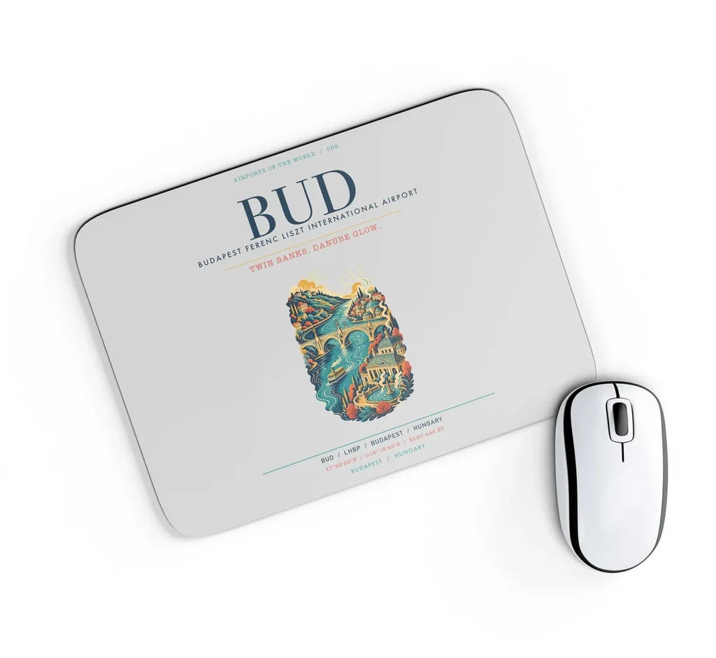 Budapest Ferenc Liszt International Airport (BUD) design on light gray rectangle mouse pad