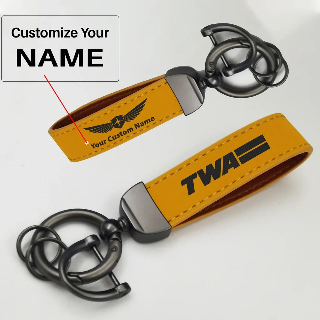 Trans World Airlines (TWA) Horseshoe Buckle key chain, Yellow + Name