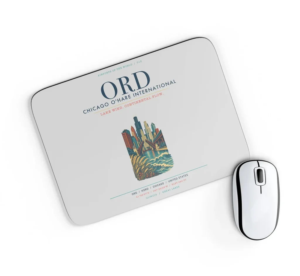 Chicago O'Hare International Airport (ORD) design on light gray rectangle mouse pad