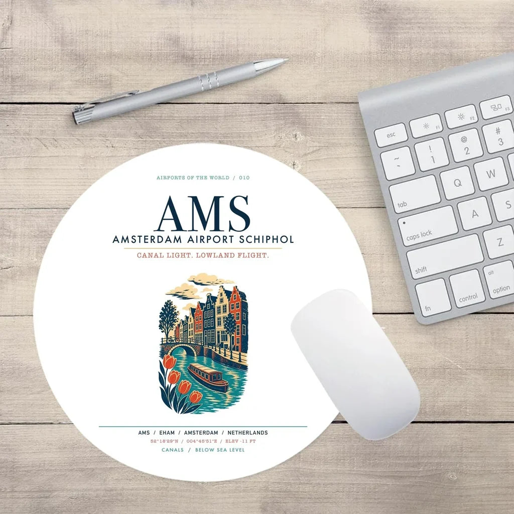 Amsterdam Airport Schiphol (AMS) design on white round mouse pad