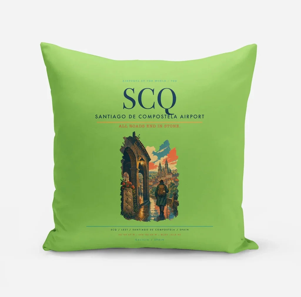 Santiago de Compostela Airport (SCQ) design on light green pillow