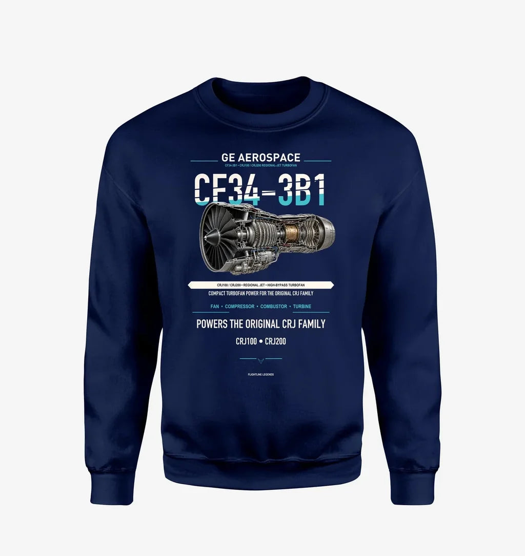 CF34-3B1 design on navy blue sweatshirt