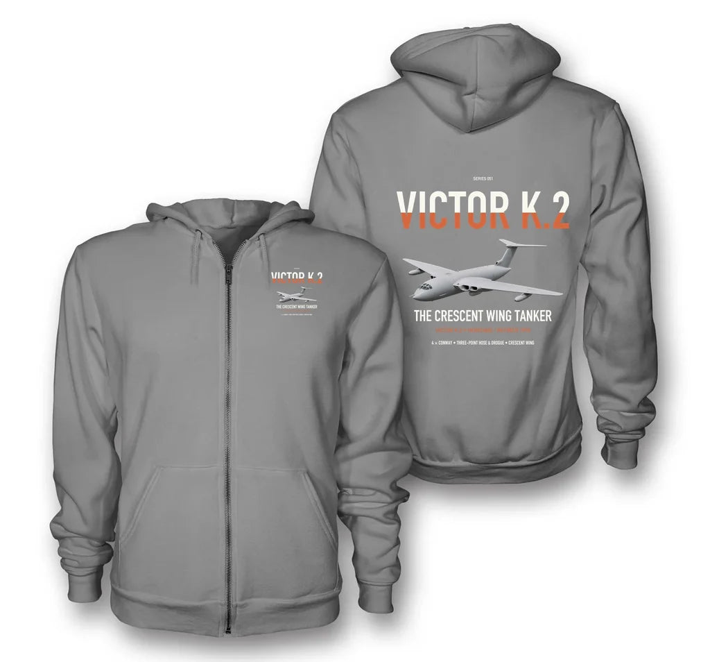Handley Page Victor K.2 design on gray premium zipped hoodie, double-side print