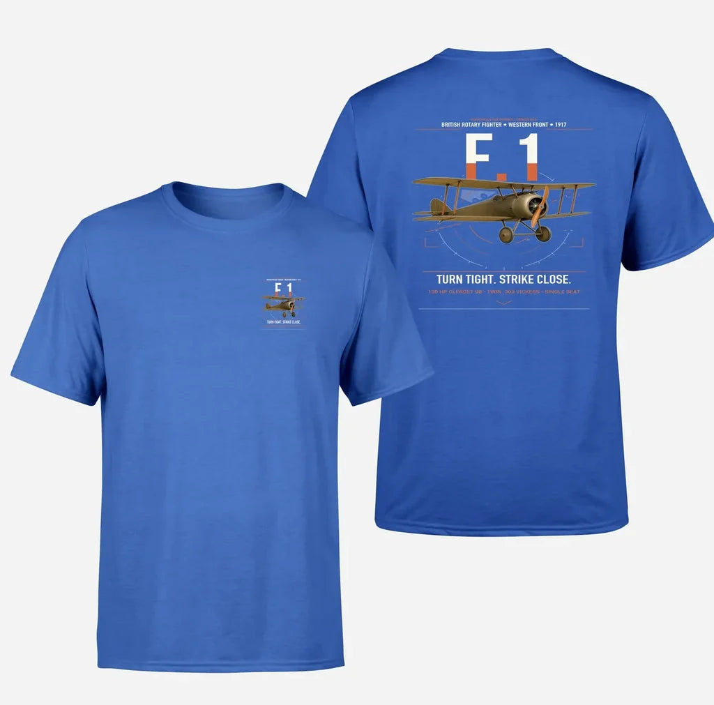 Sopwith Camel F.1 design on blue t-shirt, double-side print