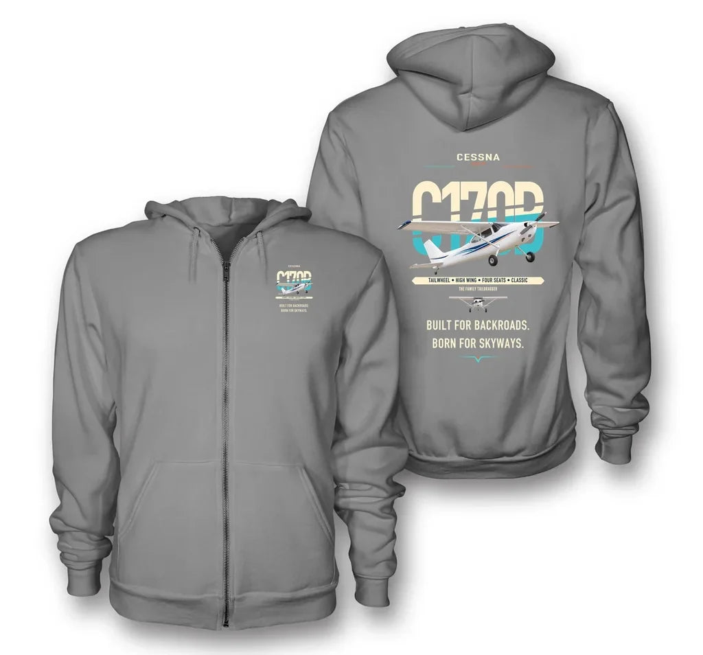 Cessna 170B design on gray premium zipped hoodie, double-side print