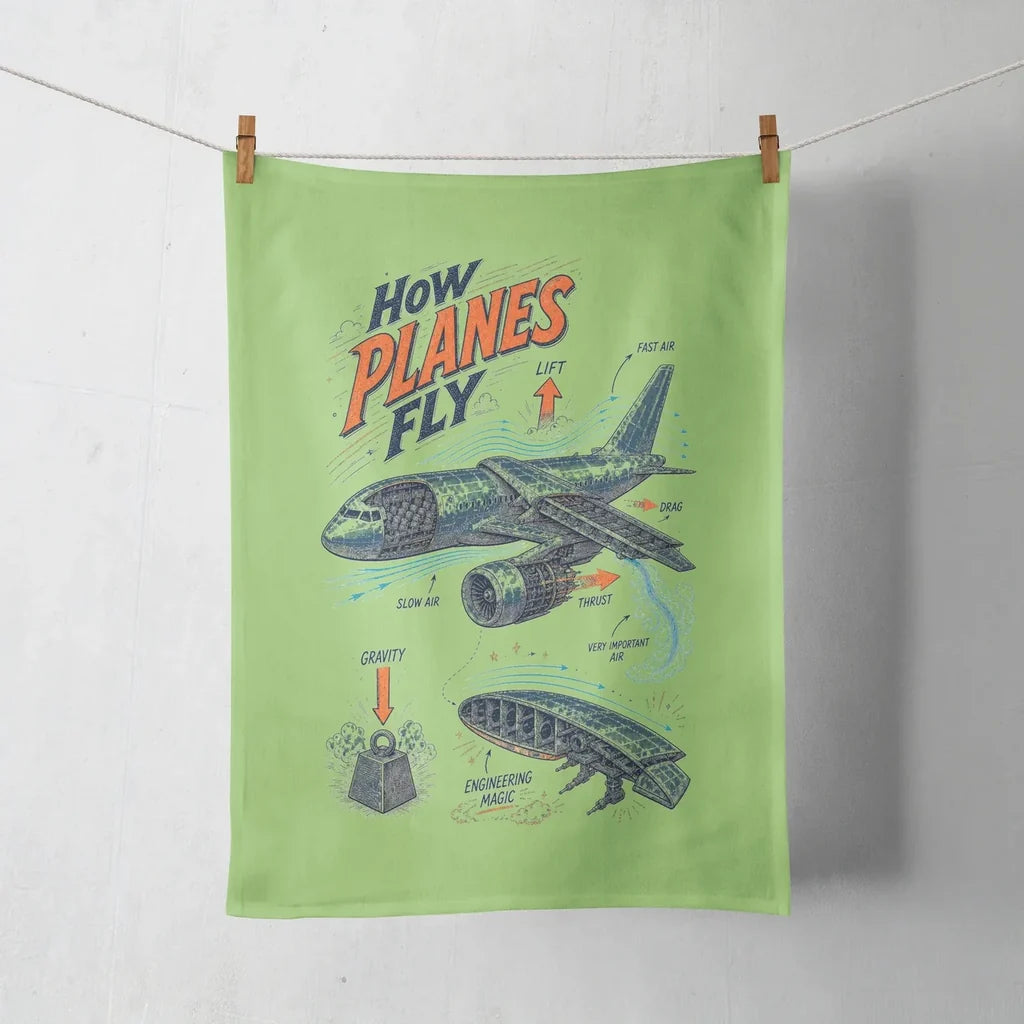 How Planes Fly V2 design on light green towel