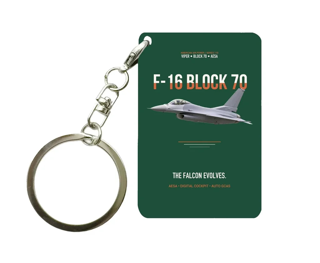 F-16 BLOCK 70 FIGHTING FALCON Key Chain design on dark green key chain