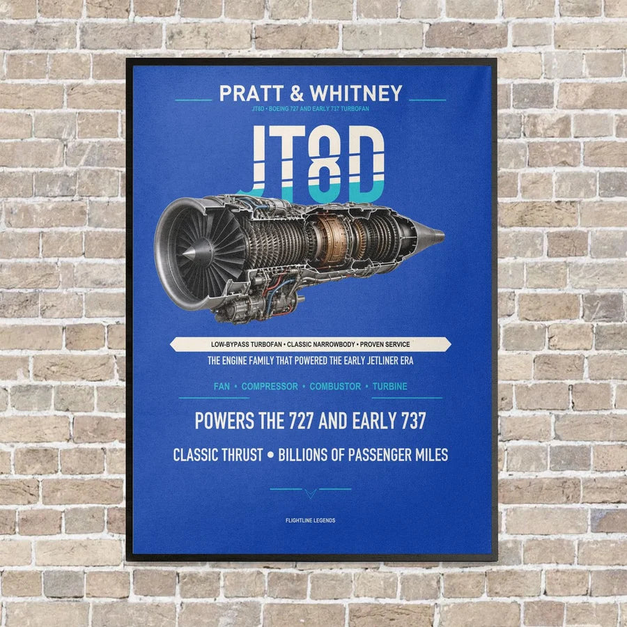 JT8D vertical canvas print - framed - blue background