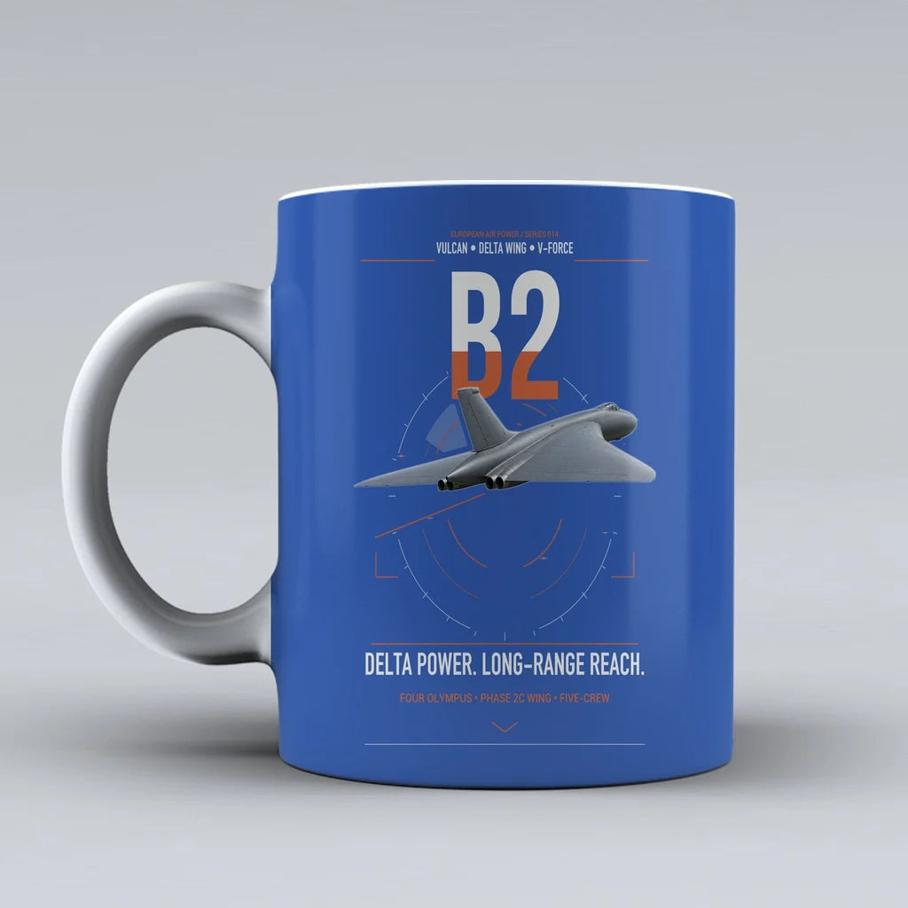 Avro Vulcan B2 design on blue ceramic mug, double-side print