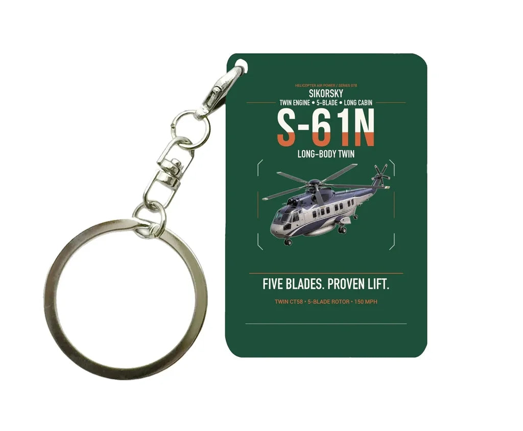 Sikorsky S-61N design on dark green designed key chain, double-side print