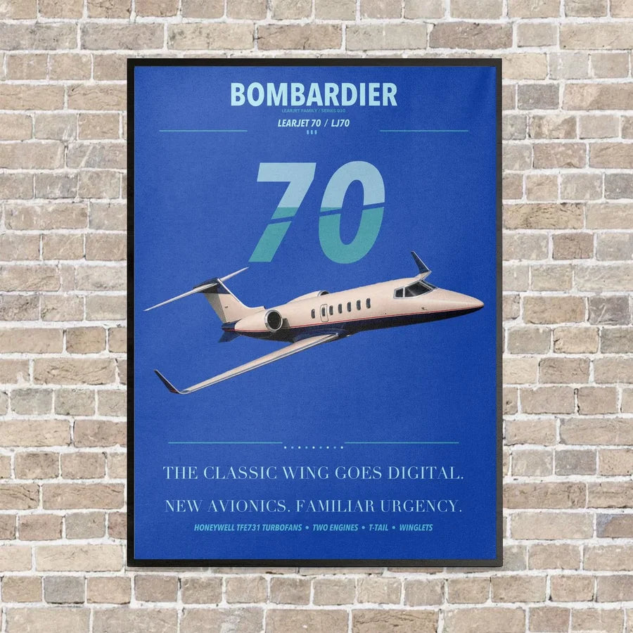 Bombardier Learjet 70 vertical canvas print - framed - blue background