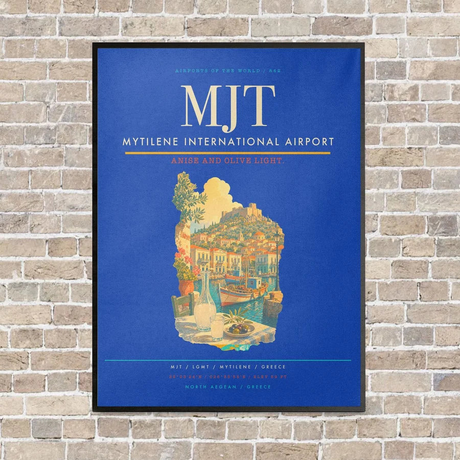 Mytilene International Airport MJT vertical canvas print - framed - blue background