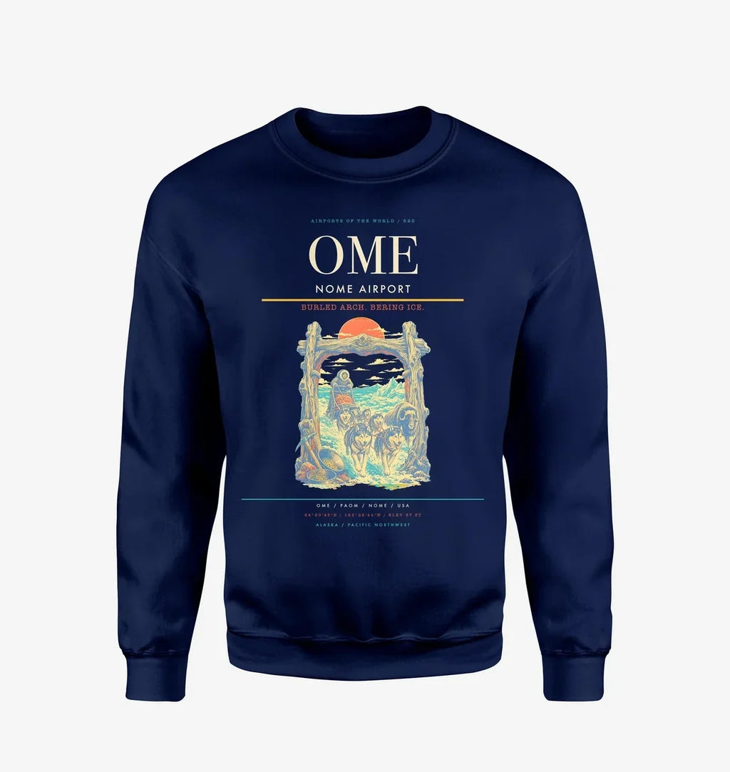 Nome Airport (OME) design on navy blue sweatshirt
