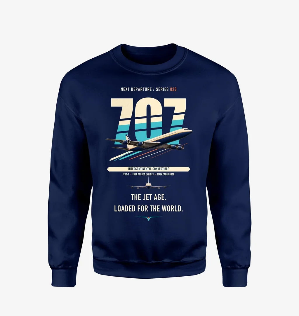 Boeing 707-320C design on navy blue sweatshirt