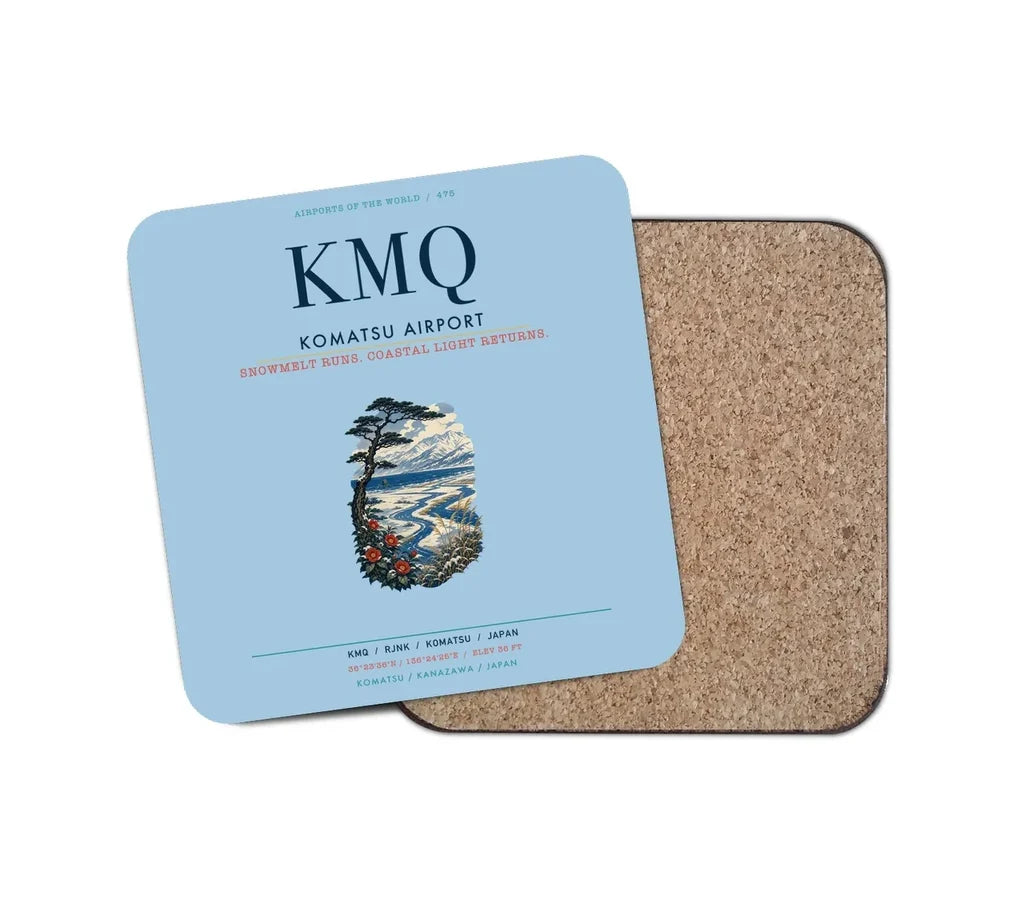 Komatsu Airport (KMQ) design on light blue 1 piece coaster