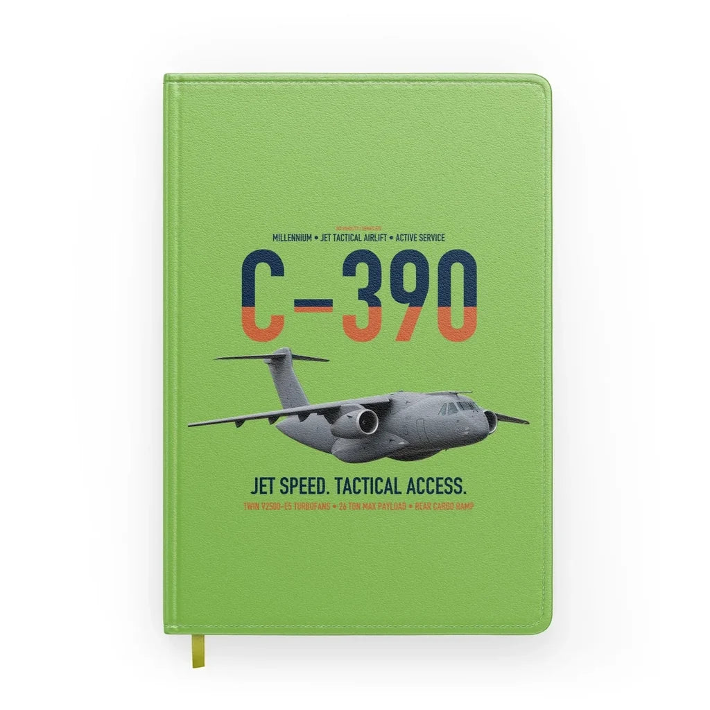 C-390 Millennium design on light green notebook