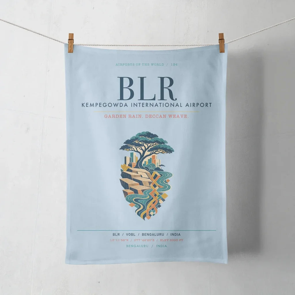 Kempegowda International Airport Bengaluru (BLR) design on light blue towel