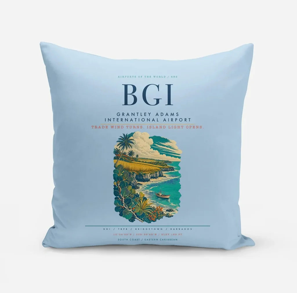 Grantley Adams International Airport (BGI) design on light blue pillow