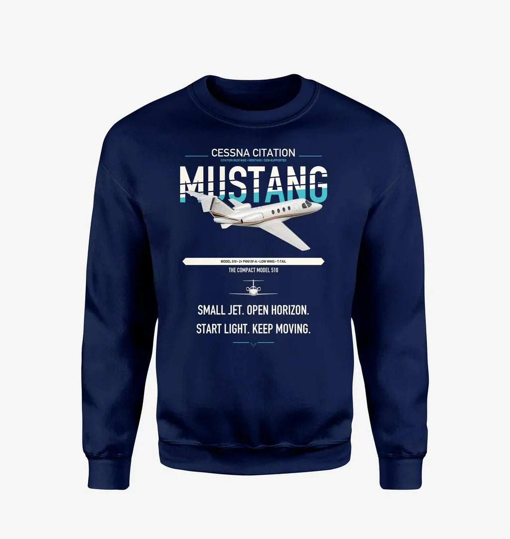 Cessna Citation Mustang design on navy blue sweatshirt