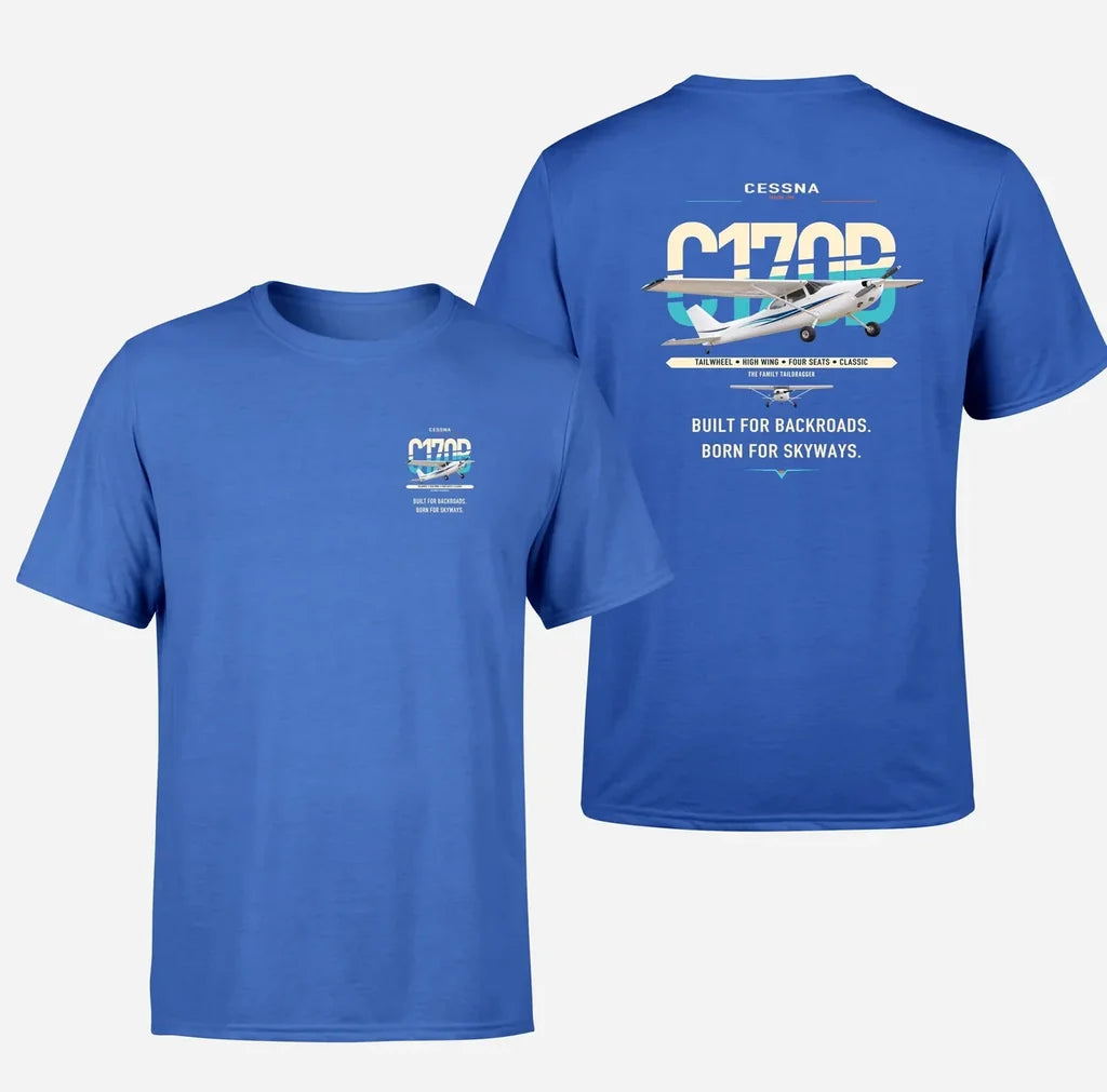 Cessna 170B design on blue t-shirt, double-side print